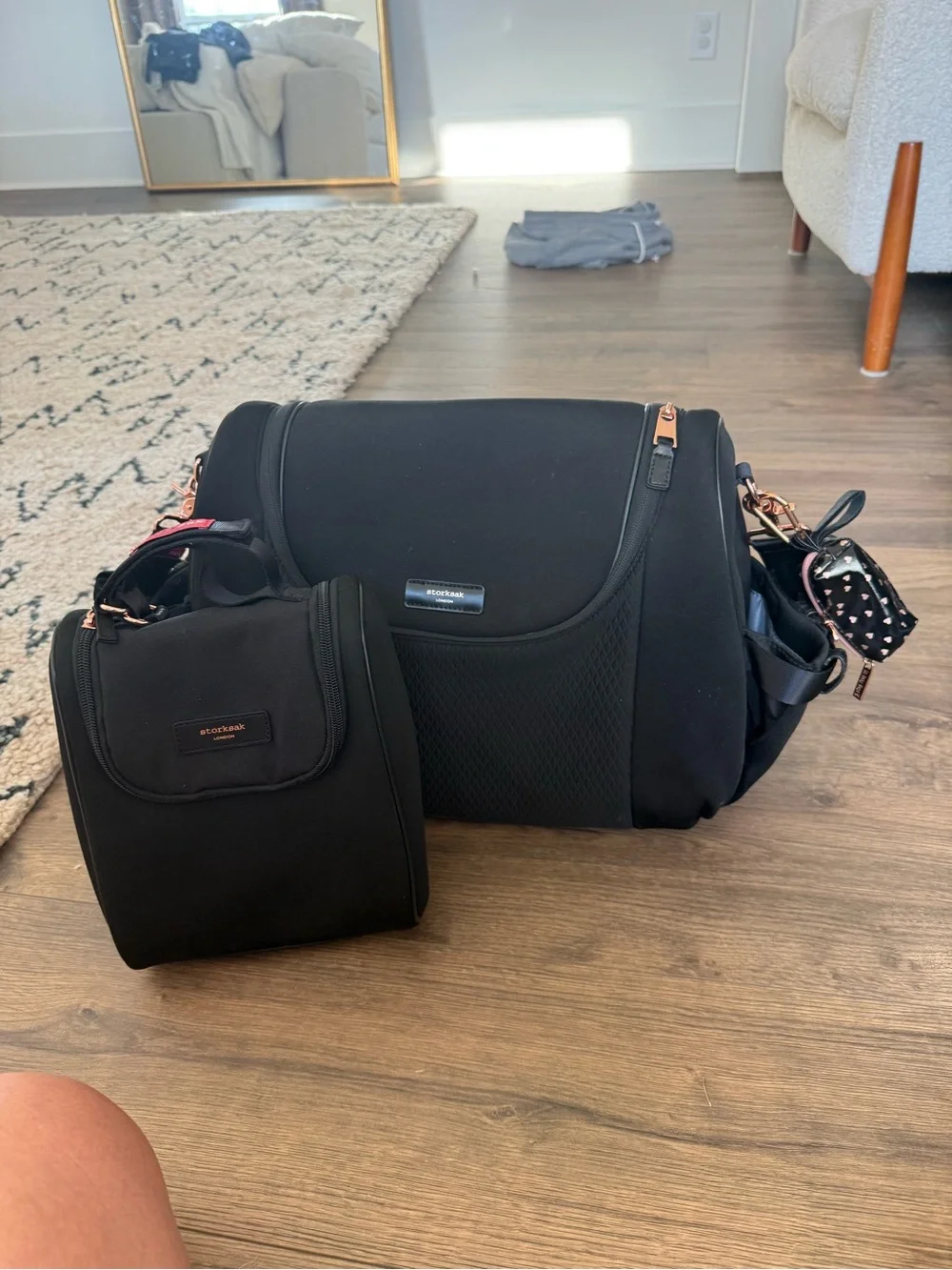 Storksak Black Baby Bag with Rose Gold Hardware